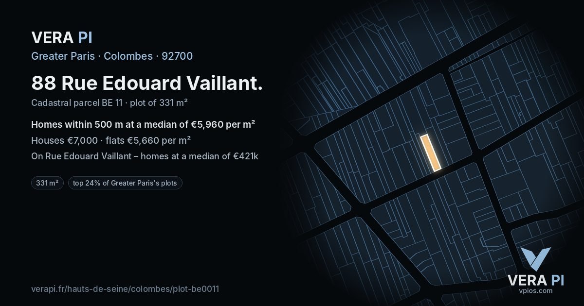 88 Rue Edouard Vaillant, Colombes at night – the plot lit, the parcels around coloured by the prices near them