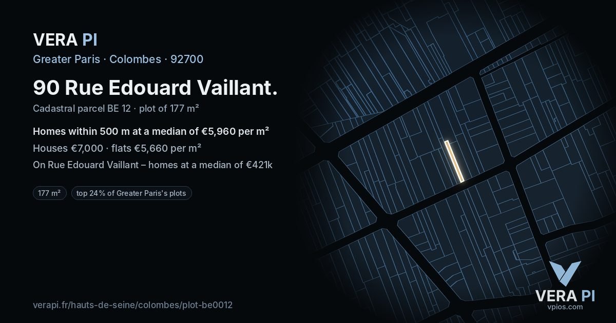 90 Rue Edouard Vaillant, Colombes at night – the plot lit, the parcels around coloured by the prices near them