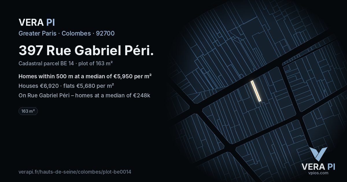 397 Rue Gabriel Péri, Colombes at night – the plot lit, the parcels around coloured by the prices near them