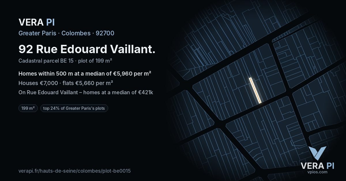 92 Rue Edouard Vaillant, Colombes at night – the plot lit, the parcels around coloured by the prices near them