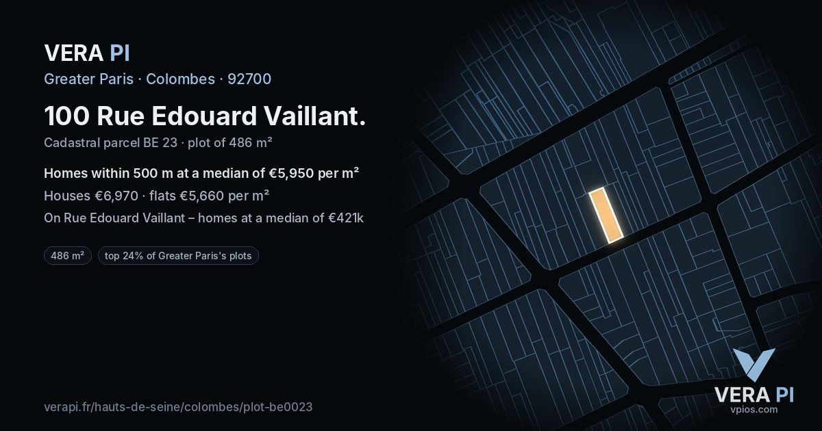 100 Rue Edouard Vaillant, Colombes at night – the plot lit, the parcels around coloured by the prices near them