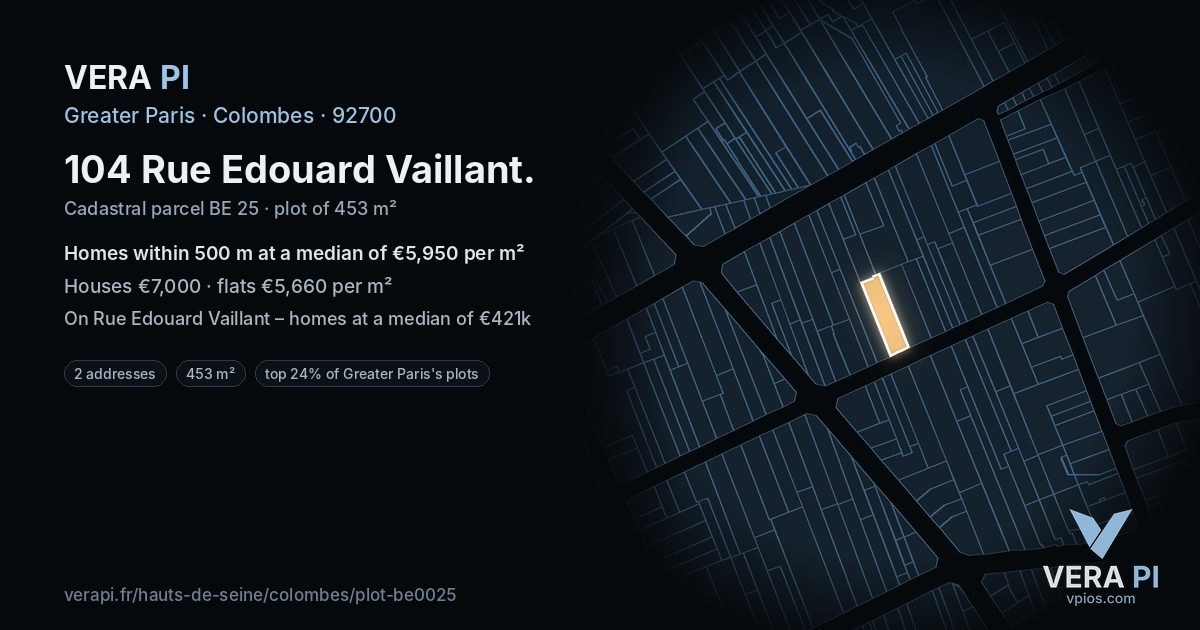 104 Rue Edouard Vaillant, Colombes at night – the plot lit, the parcels around coloured by the prices near them