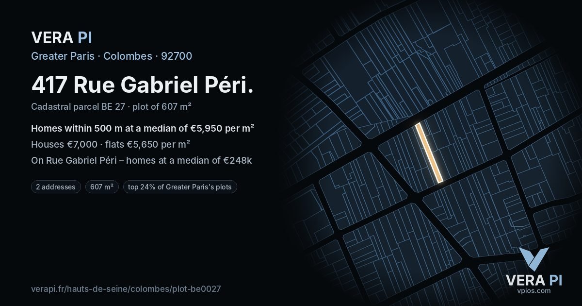 417 Rue Gabriel Péri, Colombes at night – the plot lit, the parcels around coloured by the prices near them