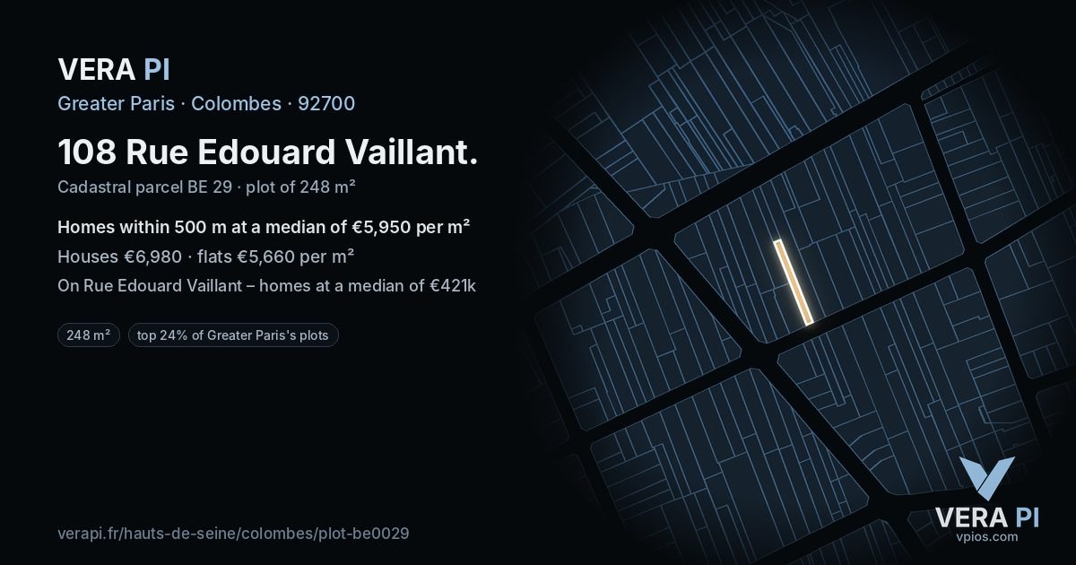 108 Rue Edouard Vaillant, Colombes at night – the plot lit, the parcels around coloured by the prices near them