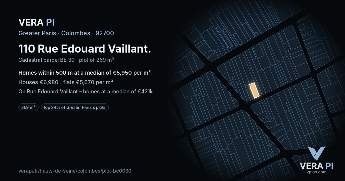 110 Rue Edouard Vaillant, Colombes at night – the plot lit, the parcels around coloured by the prices near them