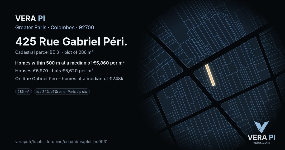 425 Rue Gabriel Péri, Colombes at night – the plot lit, the parcels around coloured by the prices near them