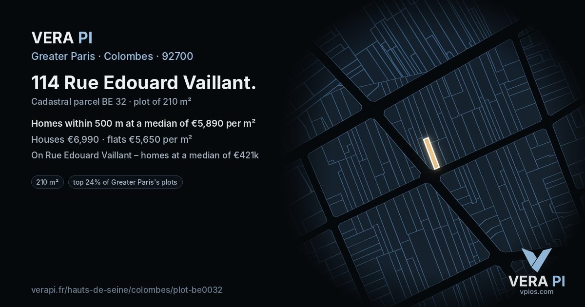 114 Rue Edouard Vaillant, Colombes at night – the plot lit, the parcels around coloured by the prices near them