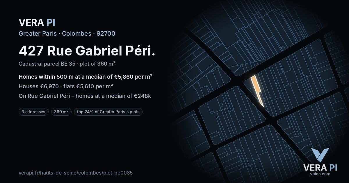 427 Rue Gabriel Péri, Colombes at night – the plot lit, the parcels around coloured by the prices near them