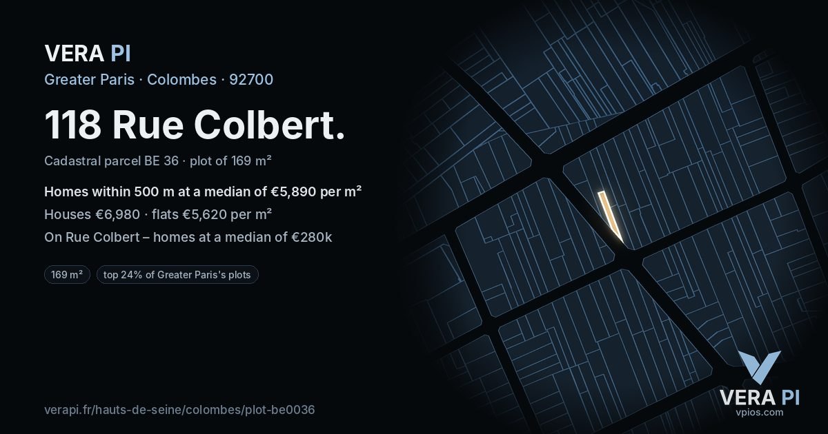 118 Rue Colbert, Colombes at night – the plot lit, the parcels around coloured by the prices near them