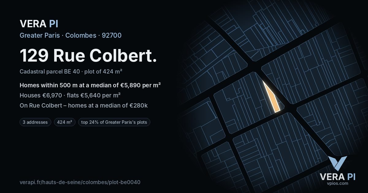 129 Rue Colbert, Colombes at night – the plot lit, the parcels around coloured by the prices near them