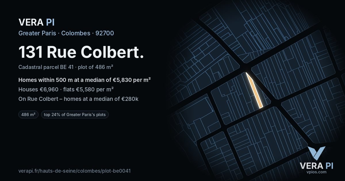 131 Rue Colbert, Colombes at night – the plot lit, the parcels around coloured by the prices near them