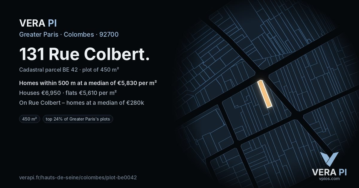 131 Rue Colbert, Colombes at night – the plot lit, the parcels around coloured by the prices near them