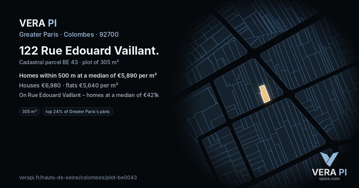 122 Rue Edouard Vaillant, Colombes at night – the plot lit, the parcels around coloured by the prices near them