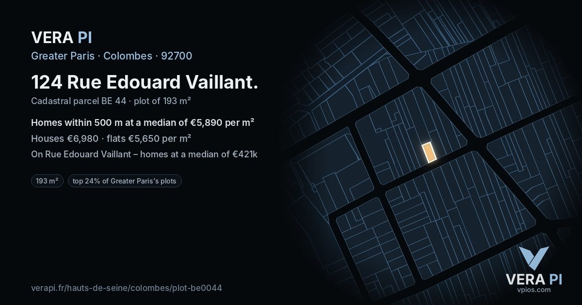 124 Rue Edouard Vaillant, Colombes at night – the plot lit, the parcels around coloured by the prices near them