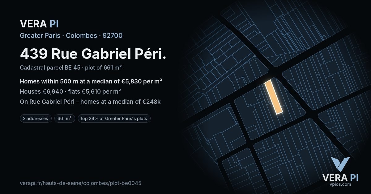 439 Rue Gabriel Péri, Colombes at night – the plot lit, the parcels around coloured by the prices near them