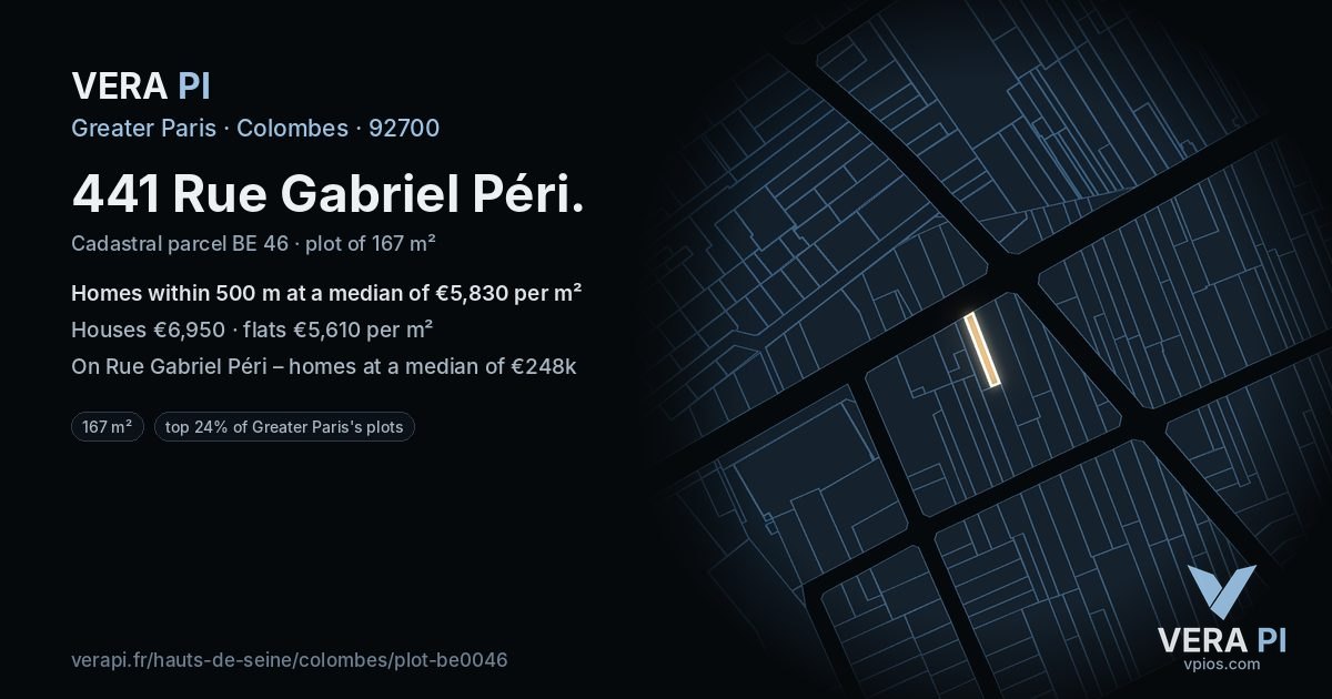 441 Rue Gabriel Péri, Colombes at night – the plot lit, the parcels around coloured by the prices near them