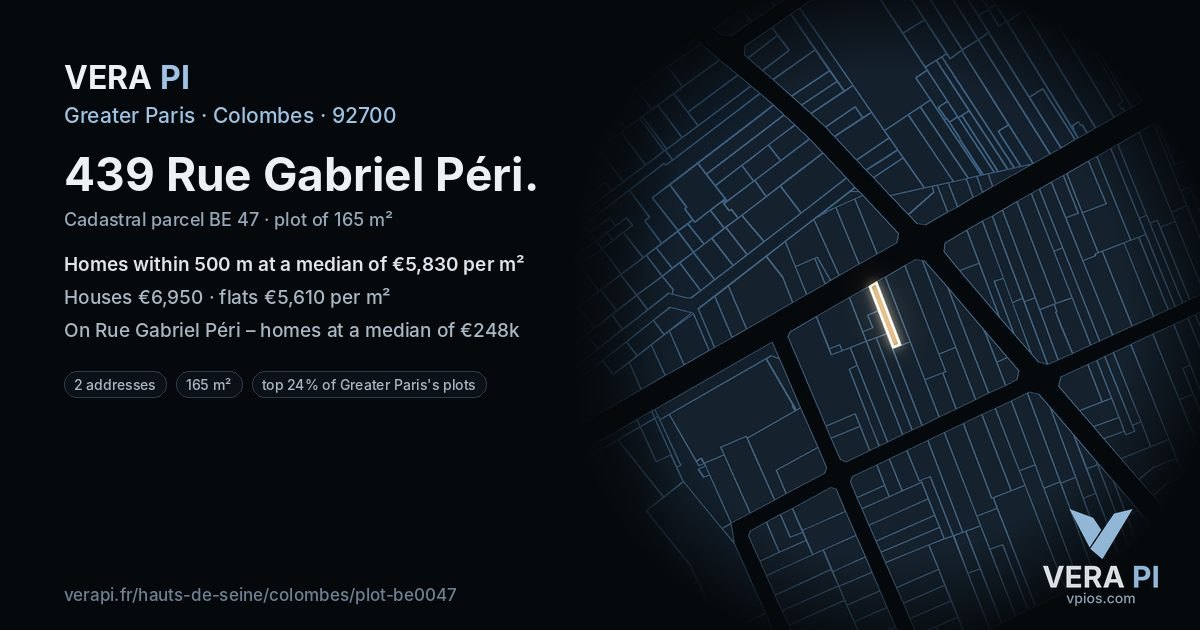 439 Rue Gabriel Péri, Colombes at night – the plot lit, the parcels around coloured by the prices near them