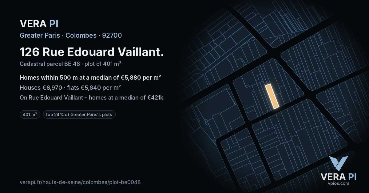 126 Rue Edouard Vaillant, Colombes at night – the plot lit, the parcels around coloured by the prices near them