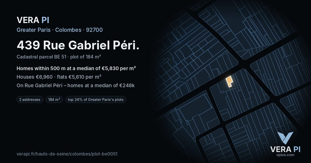 439 Rue Gabriel Péri, Colombes at night – the plot lit, the parcels around coloured by the prices near them