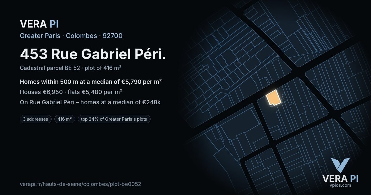 453 Rue Gabriel Péri, Colombes at night – the plot lit, the parcels around coloured by the prices near them