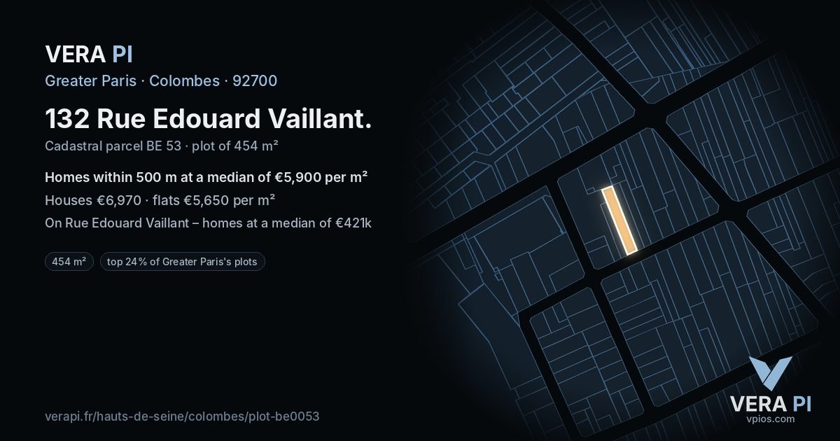 132 Rue Edouard Vaillant, Colombes at night – the plot lit, the parcels around coloured by the prices near them
