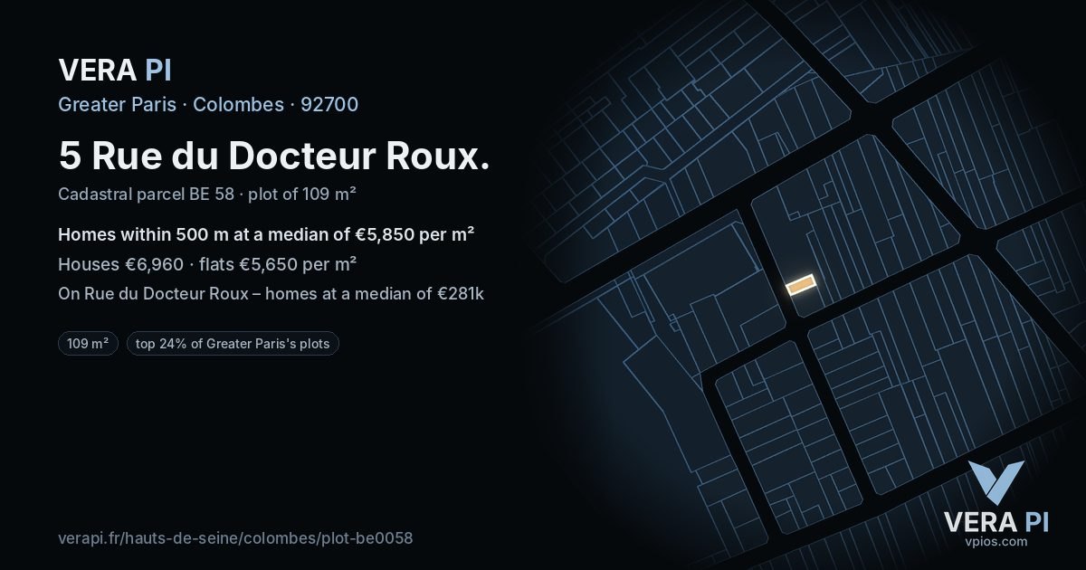 5 Rue du Docteur Roux, Colombes at night – the plot lit, the parcels around coloured by the prices near them