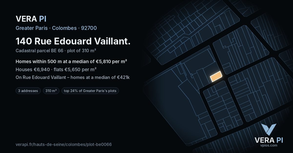140 Rue Edouard Vaillant, Colombes at night – the plot lit, the parcels around coloured by the prices near them