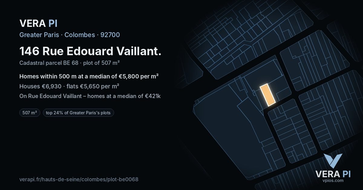 146 Rue Edouard Vaillant, Colombes at night – the plot lit, the parcels around coloured by the prices near them