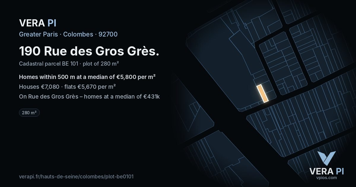 190 Rue des Gros Grès, Colombes at night – the plot lit, the parcels around coloured by the prices near them