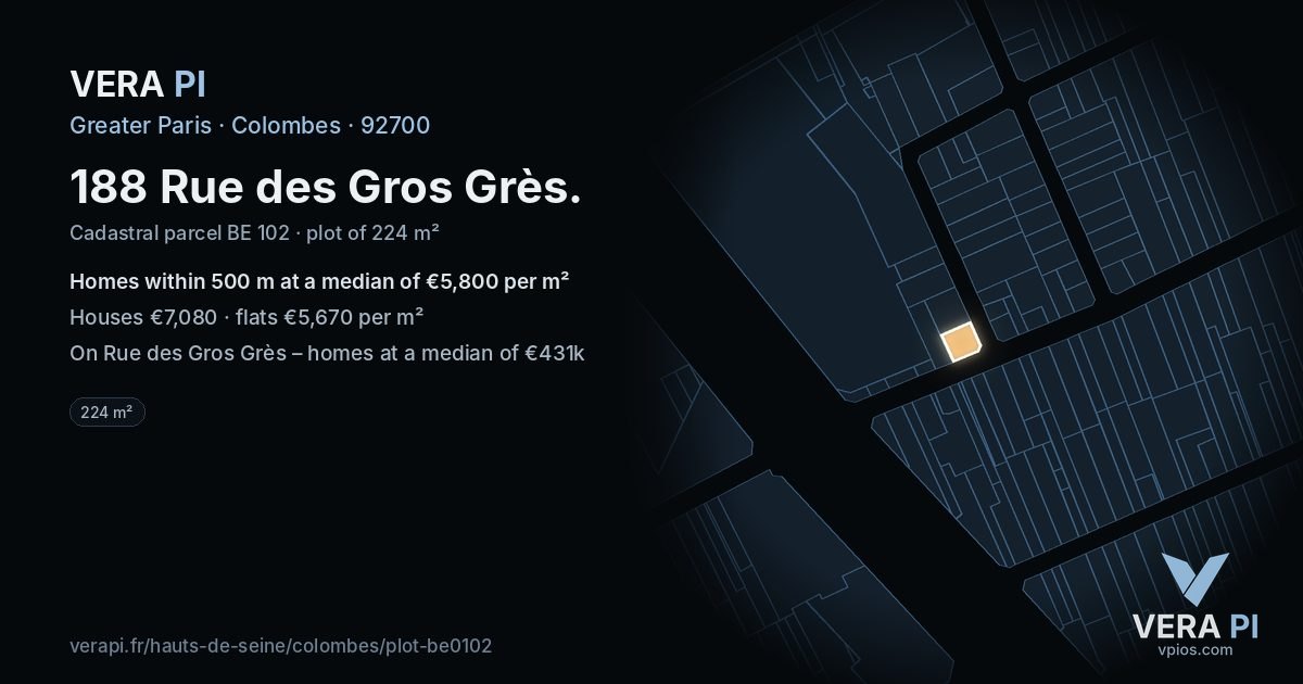 188 Rue des Gros Grès, Colombes at night – the plot lit, the parcels around coloured by the prices near them
