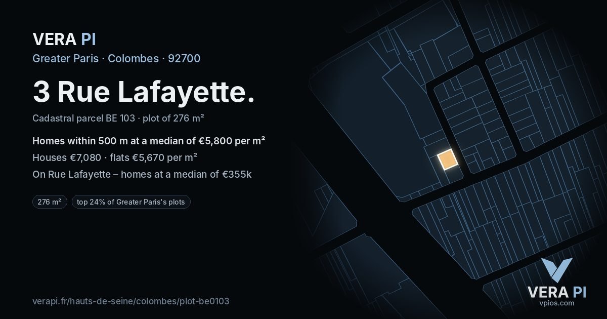 3 Rue Lafayette, Colombes at night – the plot lit, the parcels around coloured by the prices near them