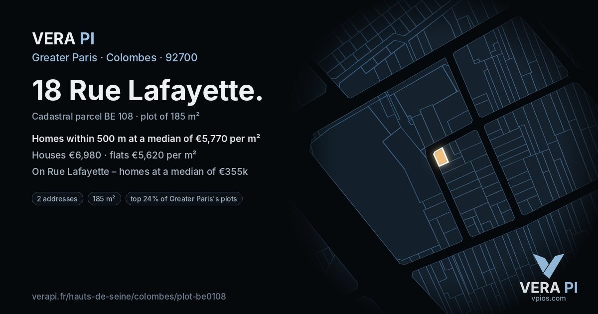 18 Rue Lafayette, Colombes at night – the plot lit, the parcels around coloured by the prices near them