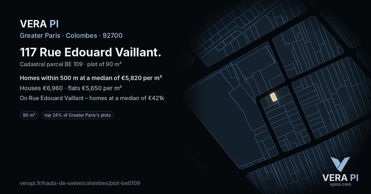 117 Rue Edouard Vaillant, Colombes at night – the plot lit, the parcels around coloured by the prices near them