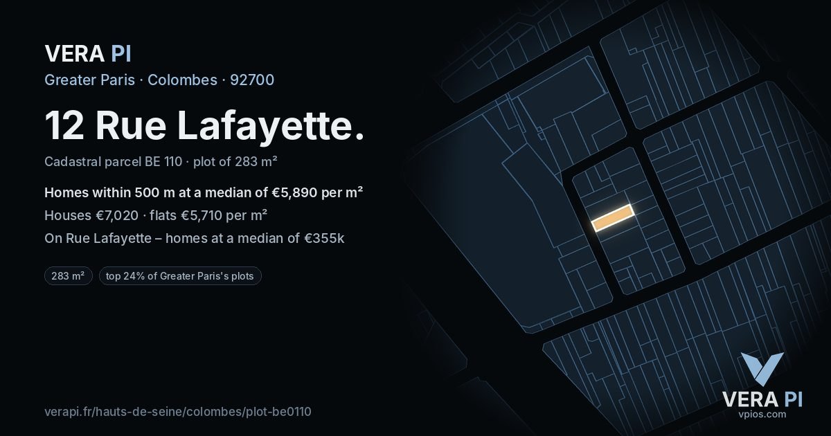 12 Rue Lafayette, Colombes at night – the plot lit, the parcels around coloured by the prices near them