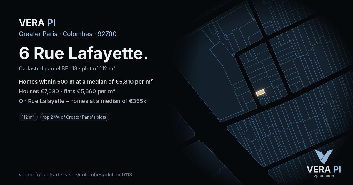 6 Rue Lafayette, Colombes at night – the plot lit, the parcels around coloured by the prices near them