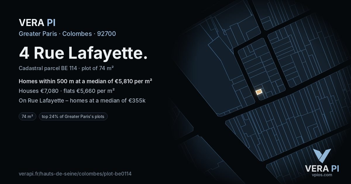4 Rue Lafayette, Colombes at night – the plot lit, the parcels around coloured by the prices near them