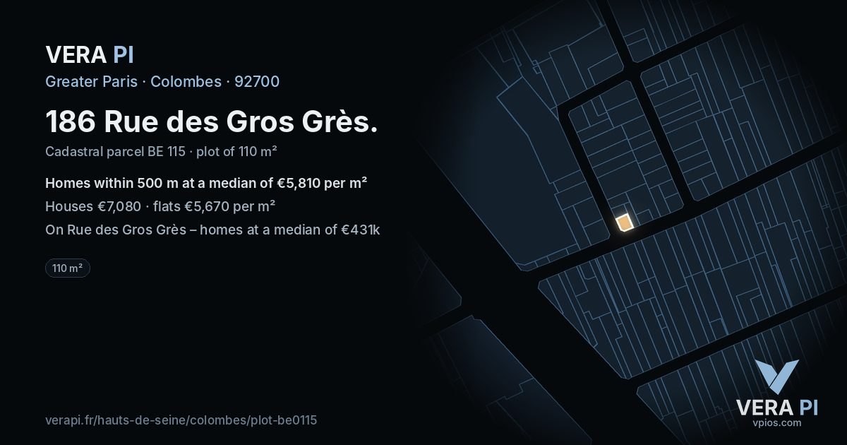 186 Rue des Gros Grès, Colombes at night – the plot lit, the parcels around coloured by the prices near them
