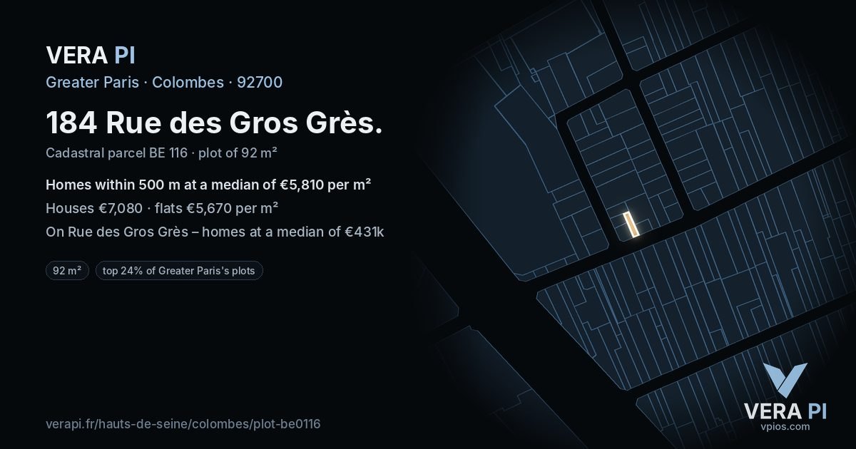 184 Rue des Gros Grès, Colombes at night – the plot lit, the parcels around coloured by the prices near them