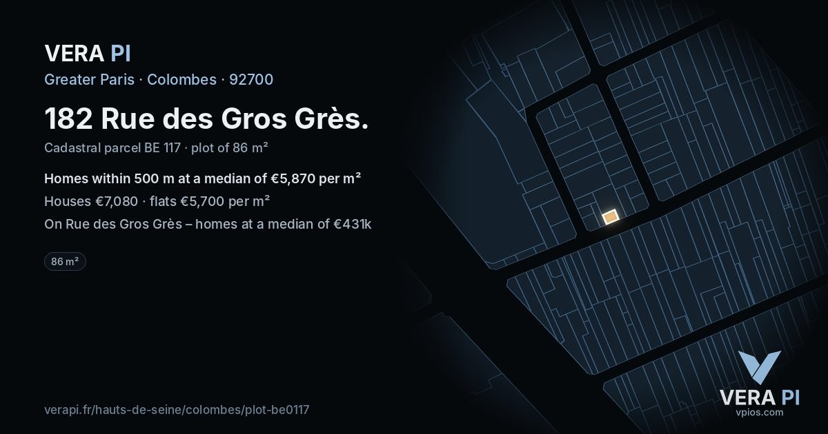 182 Rue des Gros Grès, Colombes at night – the plot lit, the parcels around coloured by the prices near them