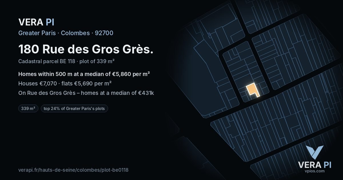 180 Rue des Gros Grès, Colombes at night – the plot lit, the parcels around coloured by the prices near them