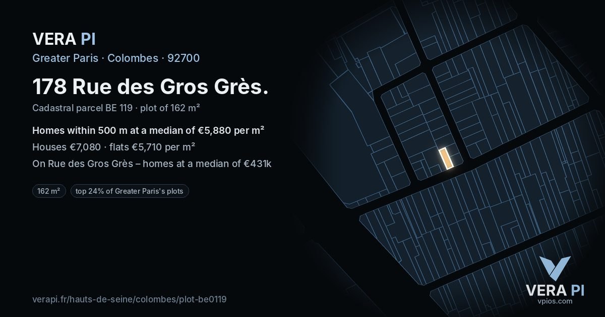178 Rue des Gros Grès, Colombes at night – the plot lit, the parcels around coloured by the prices near them