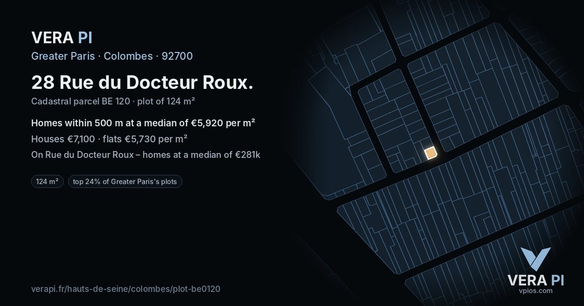 28 Rue du Docteur Roux, Colombes at night – the plot lit, the parcels around coloured by the prices near them