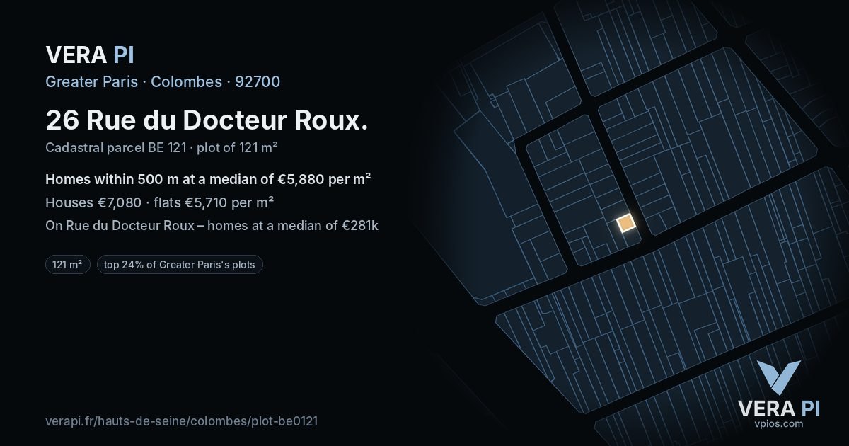 26 Rue du Docteur Roux, Colombes at night – the plot lit, the parcels around coloured by the prices near them