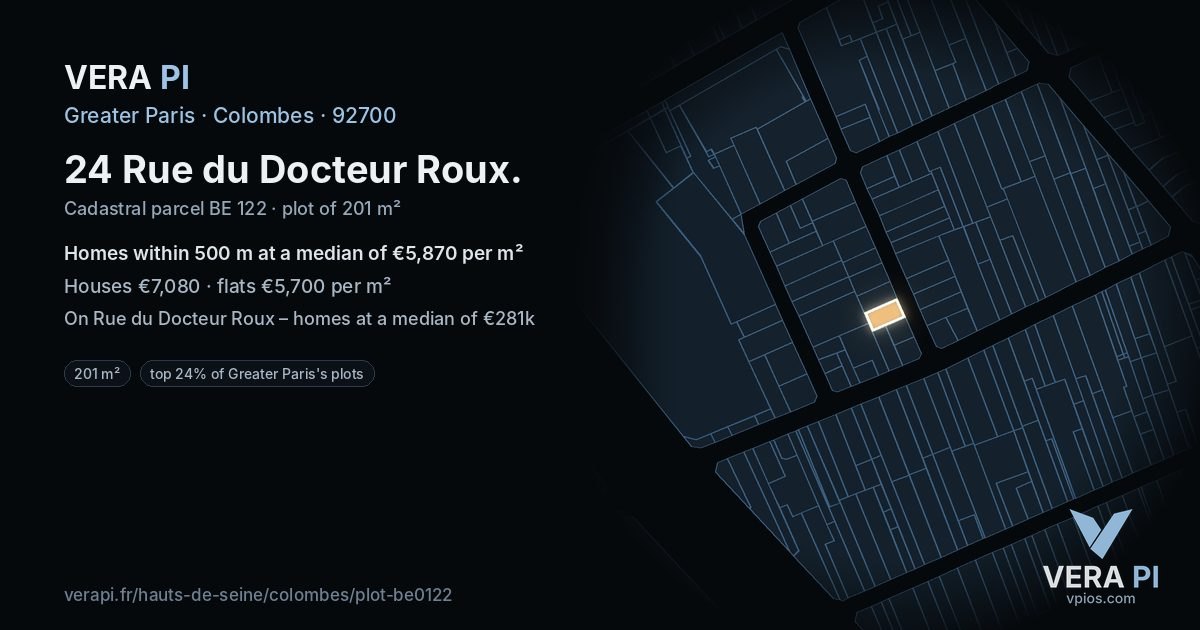24 Rue du Docteur Roux, Colombes at night – the plot lit, the parcels around coloured by the prices near them
