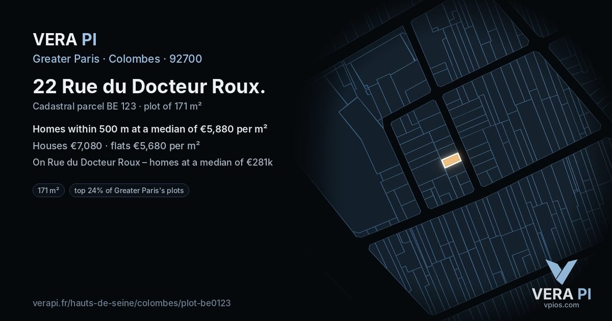 22 Rue du Docteur Roux, Colombes at night – the plot lit, the parcels around coloured by the prices near them