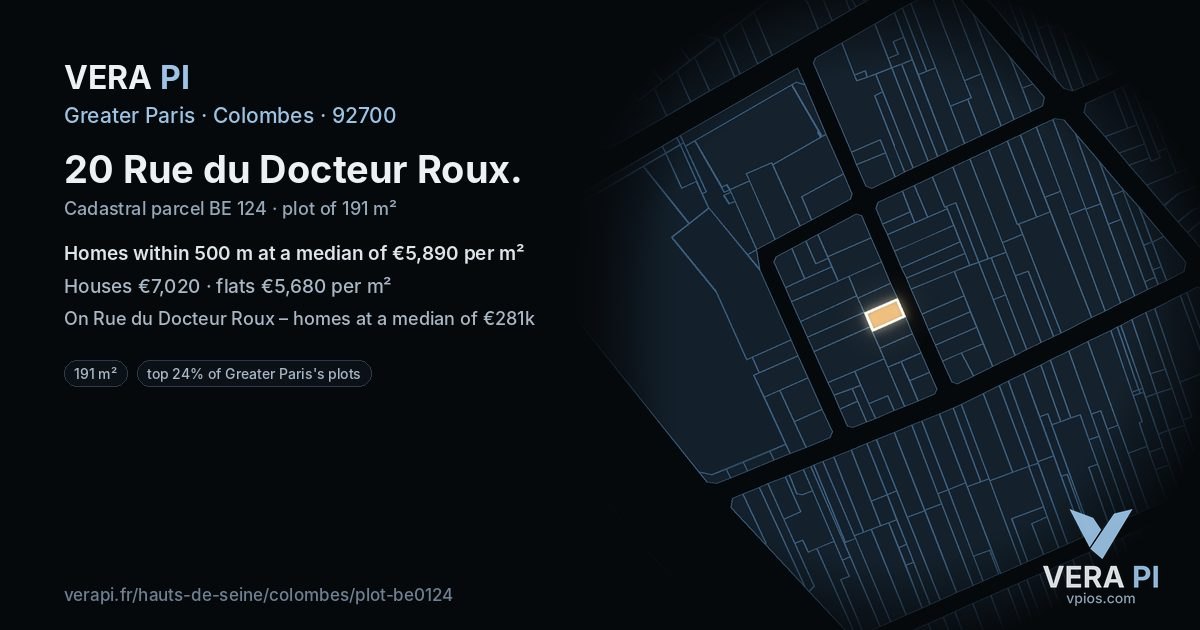 20 Rue du Docteur Roux, Colombes at night – the plot lit, the parcels around coloured by the prices near them