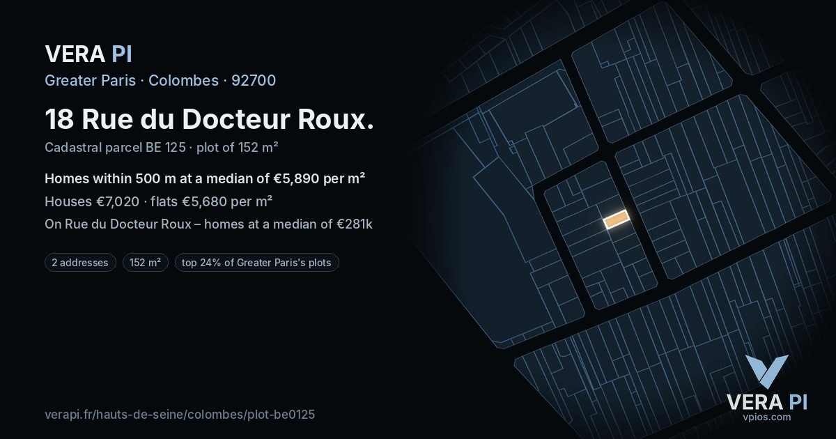 18 Rue du Docteur Roux, Colombes at night – the plot lit, the parcels around coloured by the prices near them