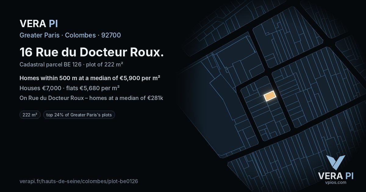 16 Rue du Docteur Roux, Colombes at night – the plot lit, the parcels around coloured by the prices near them
