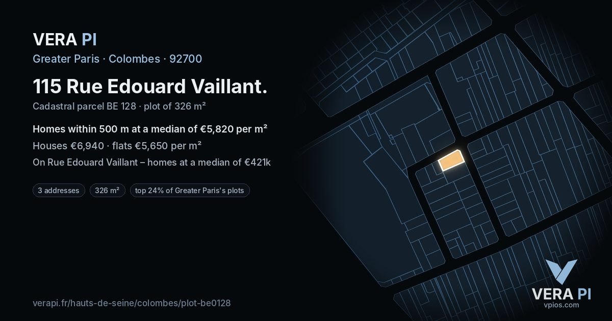 115 Rue Edouard Vaillant, Colombes at night – the plot lit, the parcels around coloured by the prices near them