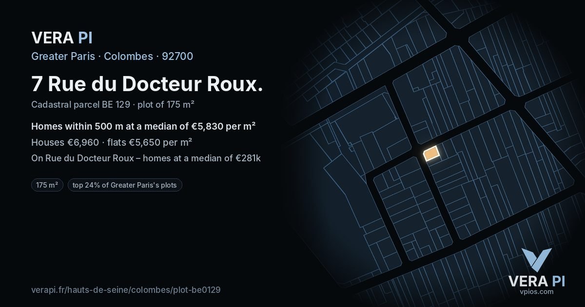 7 Rue du Docteur Roux, Colombes at night – the plot lit, the parcels around coloured by the prices near them